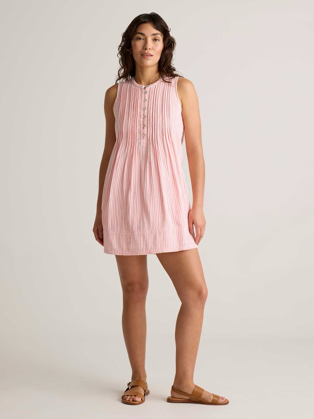 Quince Organic Cotton Gauze Sleeveless Swing Dress Bayside Stripe Coral/White XS